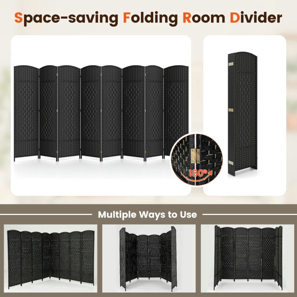 Spaco 8-Panel 6 Feet Tall Room Divider, Folding Room Divider with Hand-Woven Texture, Privacy Screen with Solid Wood Frame for Indoor, Black
