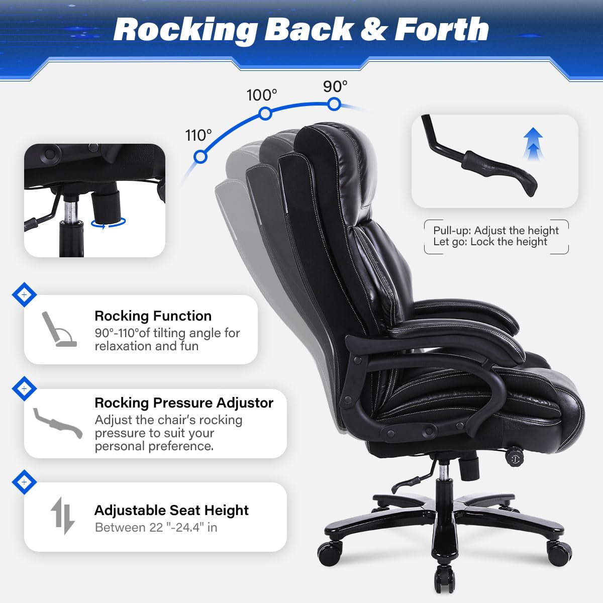 JONPONY Leather Office Chair, Big and Tall 500lbs Ergonomic Desk Chairs with Back Support, Executive Leather Chair with Wheels for Home Office, with Adjustable Padded Armrest & Lumbar Support , Black