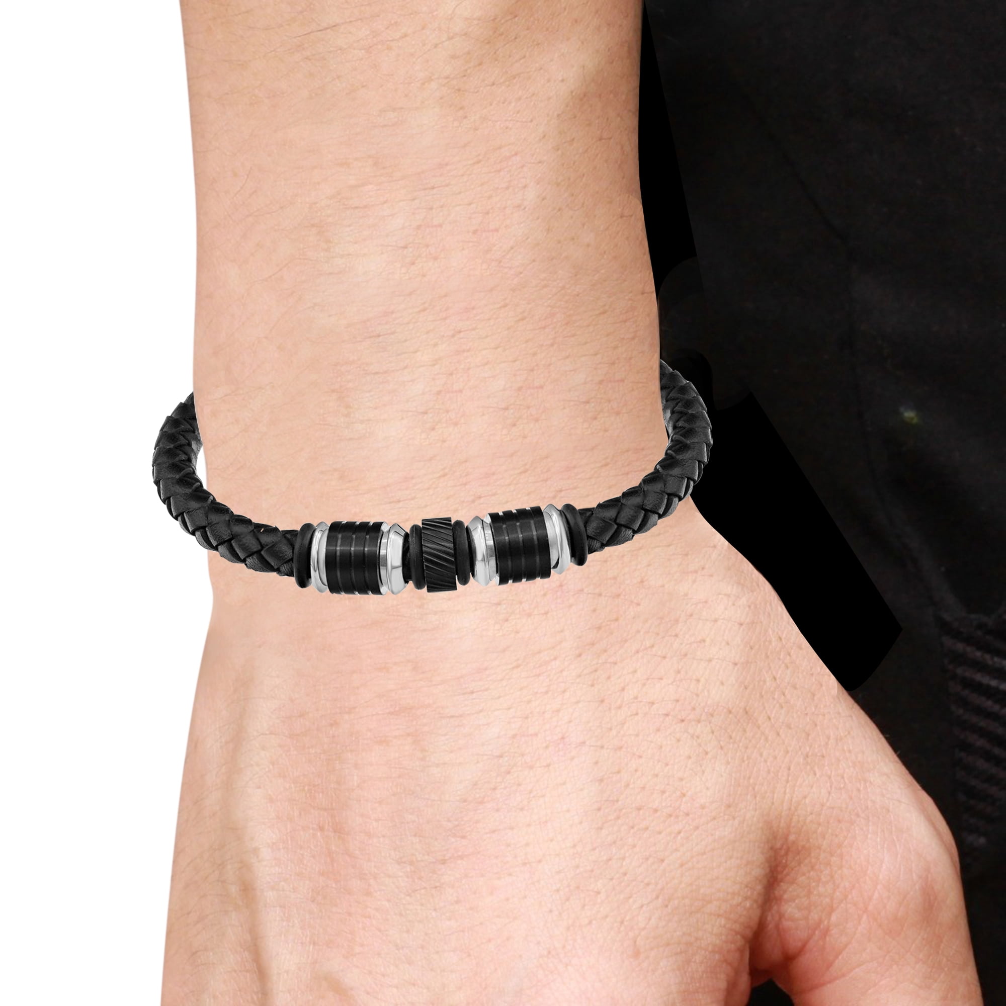 Mens Black Leather Stainless Steel Bracelet