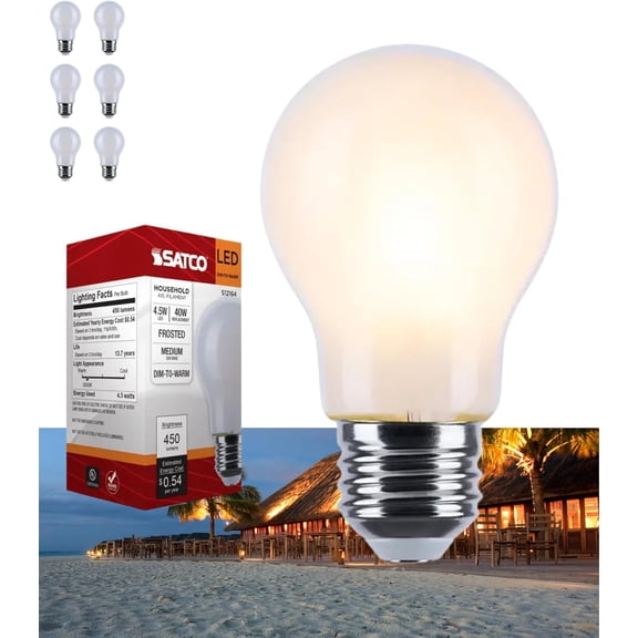 Satco S12164 A15 LED Filament Light Bulbs 4.5W 120V 3000K Frosted 90 CRI E26 Medium Base Dimmable WET Location (6 Pack)