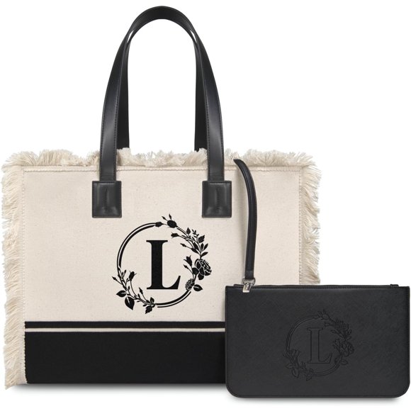 UTAH-Initial Canvas Tote Bag for Women, Personalized Birthday Gift, Casual Tassel Handbag with Wristlet Clutch