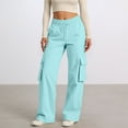 thumbnail image 2 of Women's Cargo Pants Women Casual Pants High Waist Elastic Waistband Drawstring Utility Wide Leg Cargo Sweatpants Light Blue XXL, 2 of 6