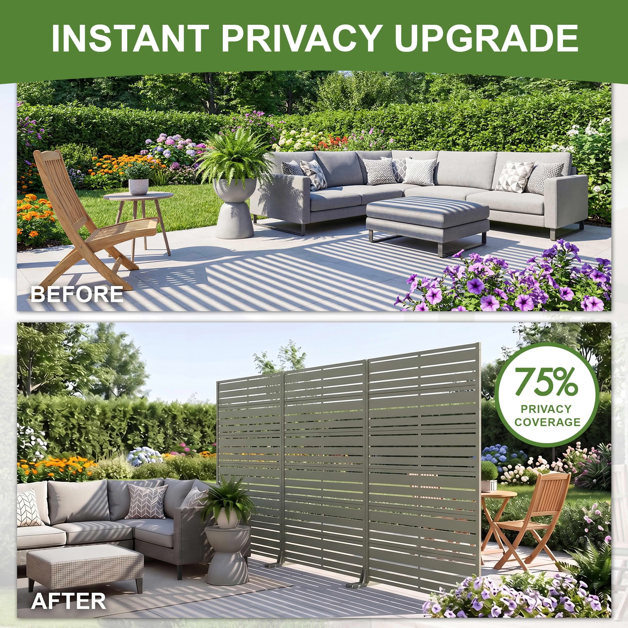 MAYEERTY Outdoor Gray Olive Privacy Fence Panel, 72"x47" Metal Louvered Screen with Wide-1 Narrow-2 Slats, Freestanding for Backyard Balcony