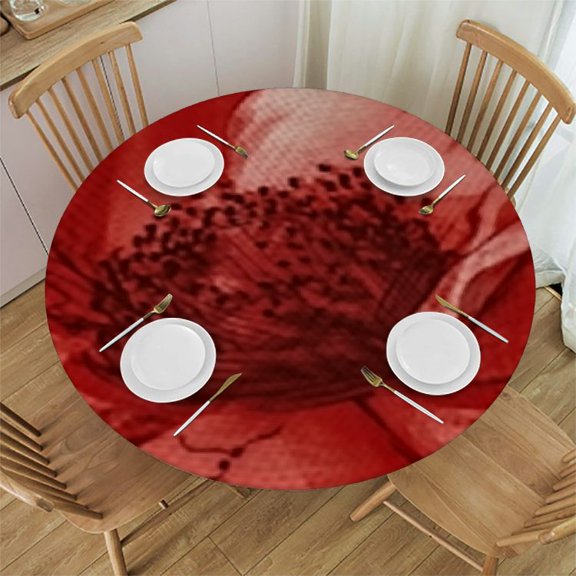 Floral Round Fitted Polyester Tablecloth, Retro Style Red Rose Elastic Edge Home Decor Table Cover