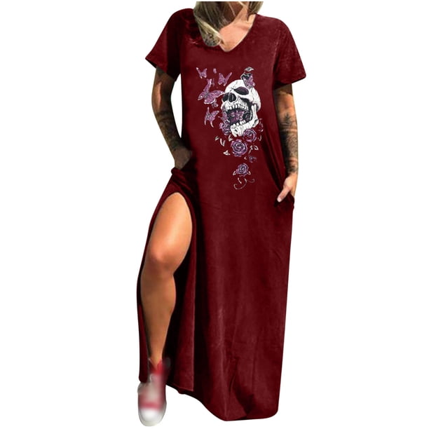 Vestido informal de verano para mujer, vestido largo de manga corta con bolsillo Sexy y cuello redondo con estampado de Calavera de Halloween Fridja bnh2569