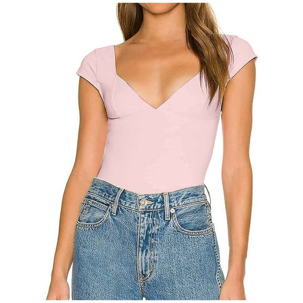 Camiseta elegante con cuello en V para mujer: top informal de color liso que realza la figura