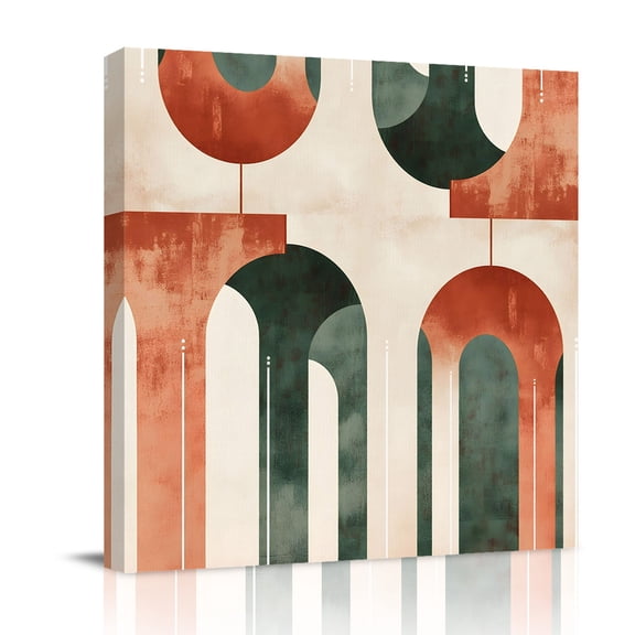 Canvas Wall Art, Abstract Geometric Framed Canvas Prints for Bathroom Desk, Boho Vintage Arch Green Orange Small Gallery Wrapped Wall Decor for Home Office, Gifts, 8"x8" Ship Next Day