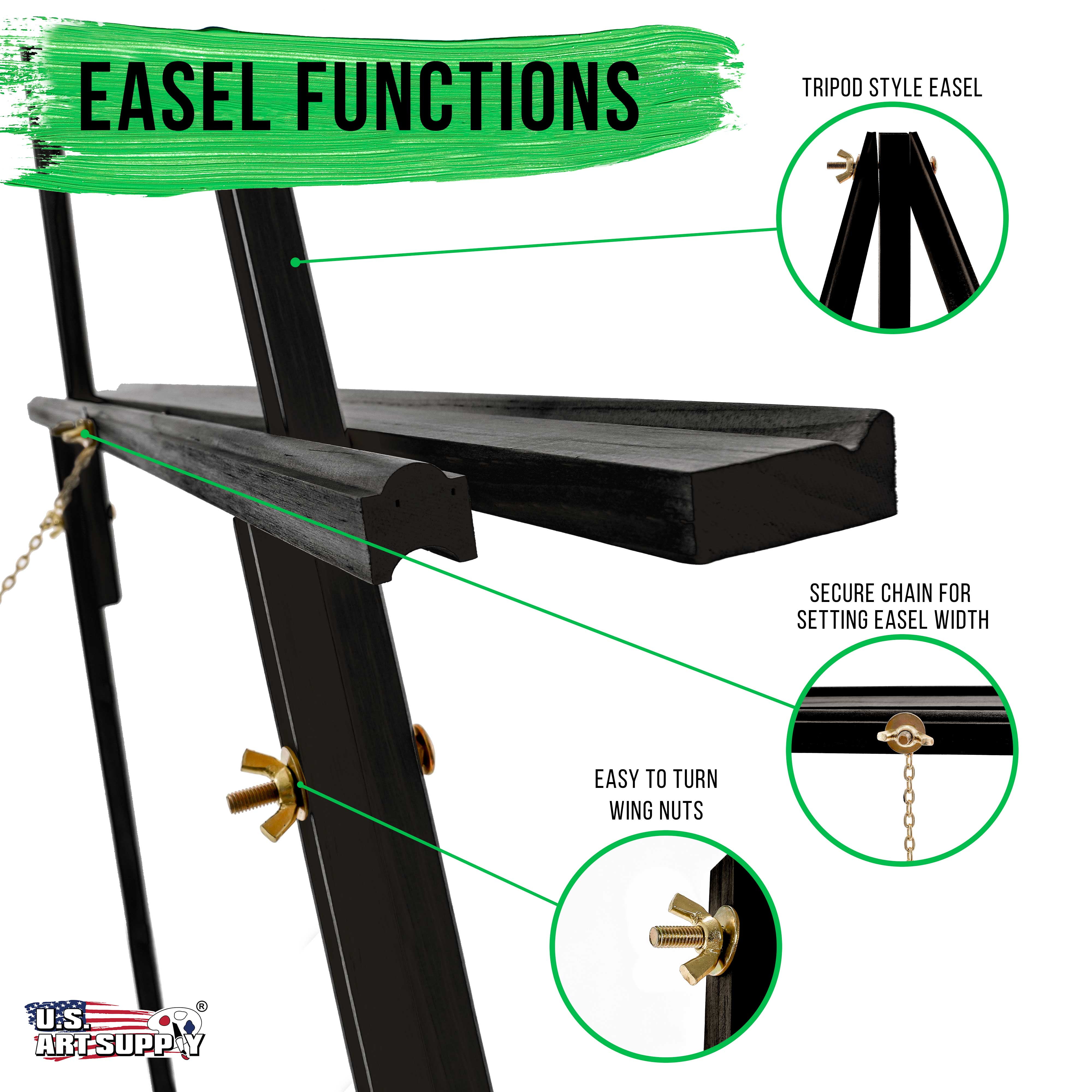 U.S. Art Supply 64" Black Torrey Wooden A-Frame Tripod Artist Floor Easel, Adjustable Tray Height, Display Holder Stand