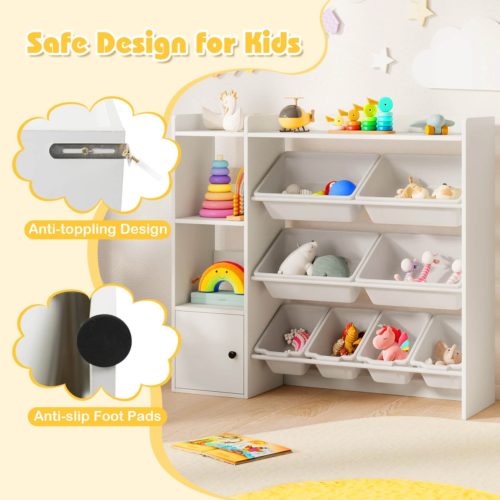 Costway Kids Toy Storage and Bookshelf, Wooden Bookcase with 4 Small Boxes & 4 Large Boxes