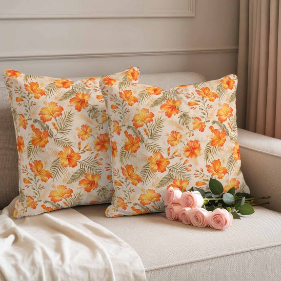 Outdoor Pillow Cover 18x18inch Set of 2, Orange Hibiscus Floral on Burlap Waterproof Decorative Throw Pillow Cover for Couch Sofa, Summer Botanical Leaves Pillowcase Cushion Cases for Patio Garden
