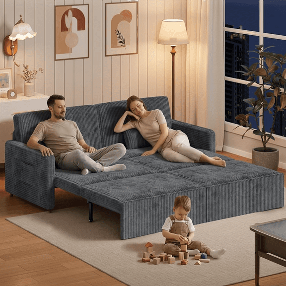 Noelse 79" Convertible Sofa Bed, 6-in-1 Pull-Out Sleeper Sofa, Corduroy Oversized Loveseat Chaise Lounge with Side Pockets for Living Room, Bedroom, Apartment, Dark Gray