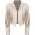thumbnail image 4 of TiaoBug Women's Faux Suede Fringe Cropped Jacket Long Sleeve Vintage Cardigan Swing Tassel Outwear Beige L, 4 of 7