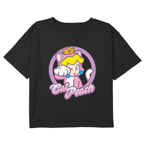 Girl's Nintendo Pink Cat Peach Graphic Cropped T-Shirt Black X Small
