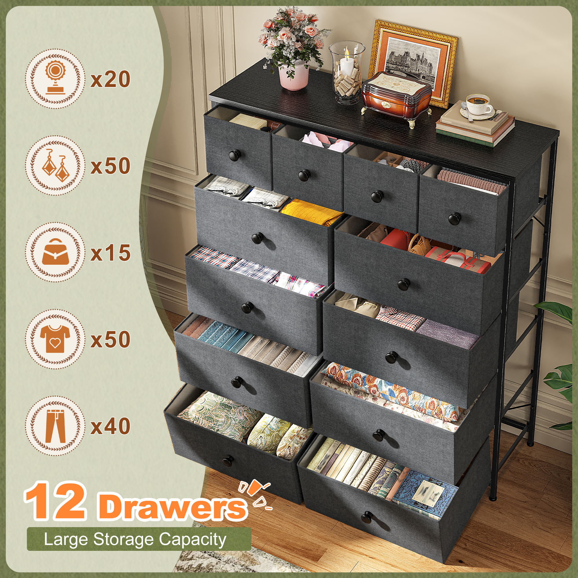 Romorgniz Tall Dresser for Bedroom with 12 Drawers Dresser for Closet Fabric Dressers and Chests of Drawers, Sturdy Metal Frame, Wood Top, Gray