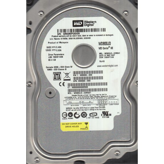 WD800JD-22MSA1, DCM DSBAYTJAA, Western Digital 80GB SATA 3.5 Hard Drive