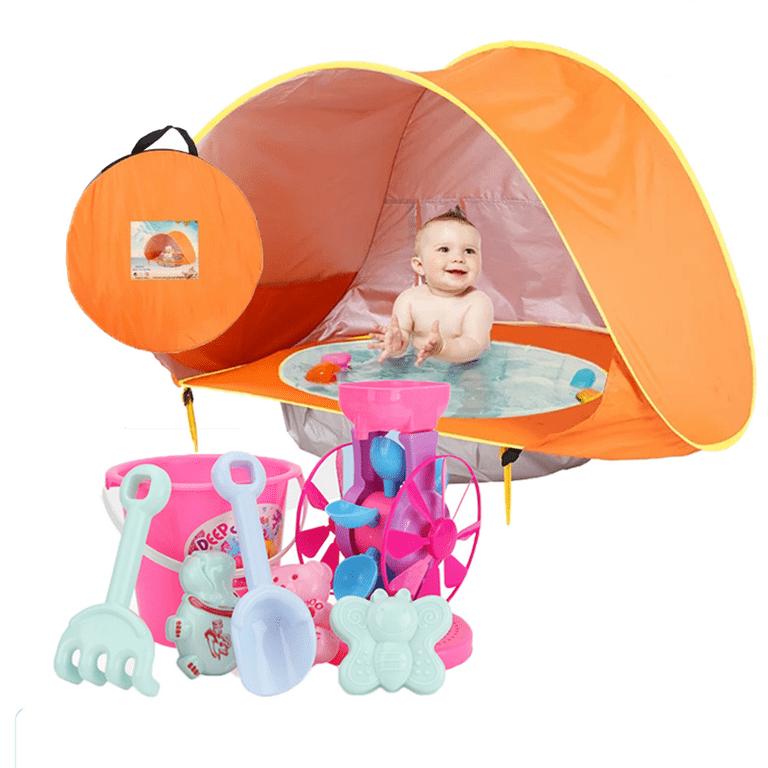 Baby Beach Tent, Pop Up Portable Beach Canopy, UV Protection Sun Shelter  with Pool for Infant (Orange)