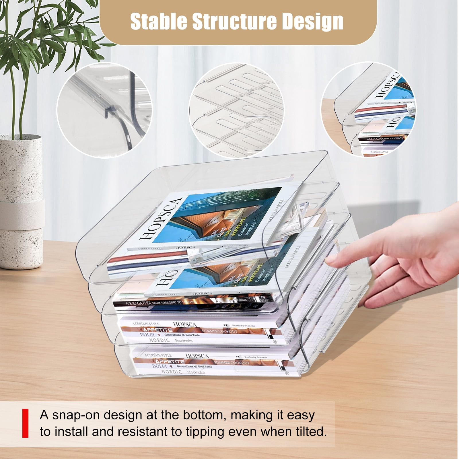 Clear Stackable Paper Trays 4 Pack, Desktop Racks with 4 File Bags, PET Clear Desk Letter Tray Set, Stackable Desk Organizer for Books, Magazines, Folders, A4 Size File Paper, Notes, Pens -Clear