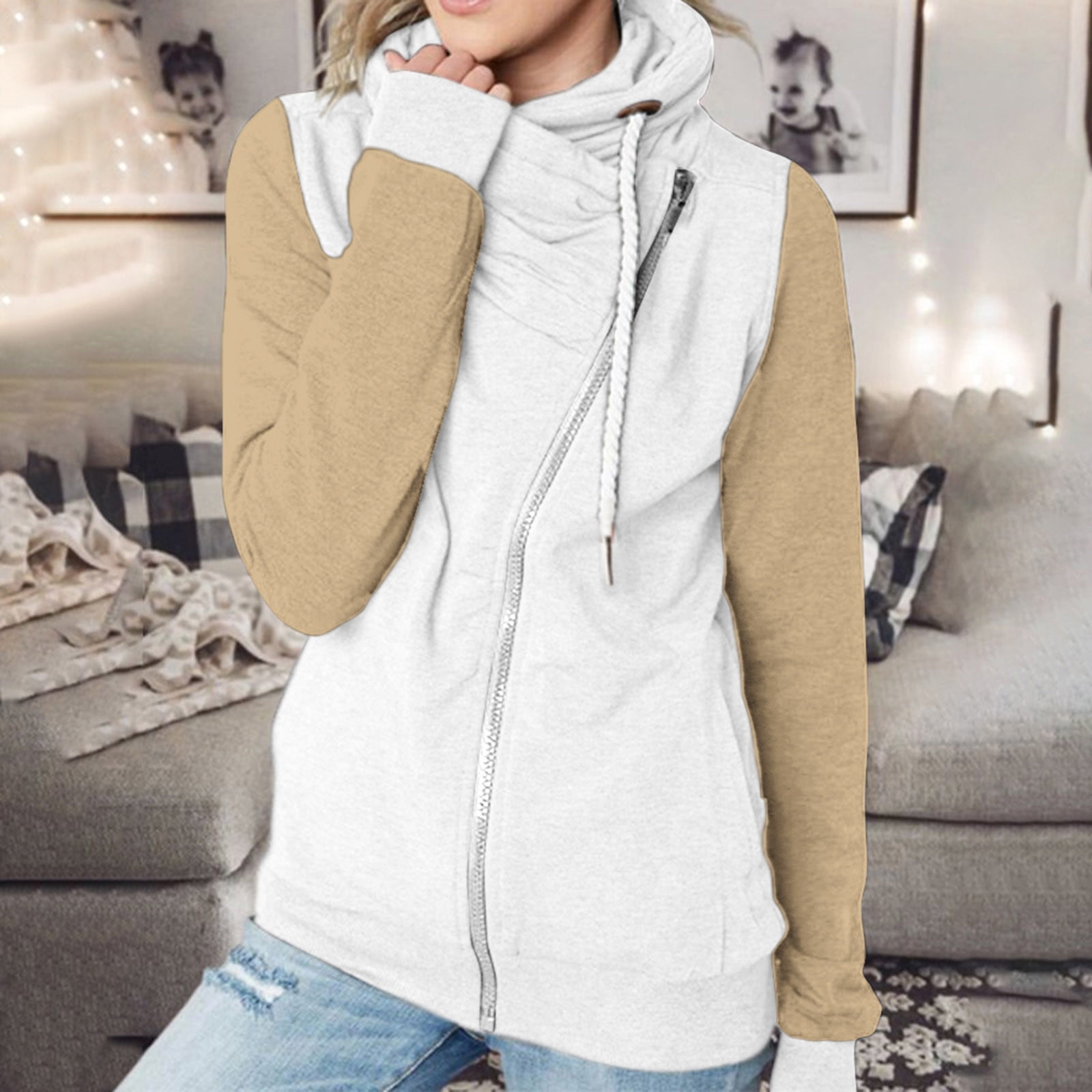 Tiqkatyck Trench Coat Women Solid Sweatshirt Casual Long Sleeve Hooded Loose Drawstring Hoodie Pullover Coat Plus Size Tops Clearance Long Sleeve Tops Khaki L