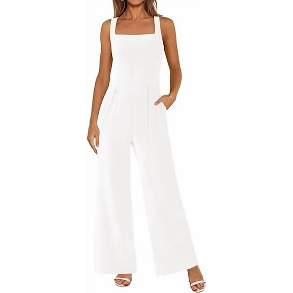 PRETTYGARDEN Summer Sleeveless Jumpsuits for Women Dressy Square Neck Wide Leg Pants Knitted One Piece Rompers with Pockets