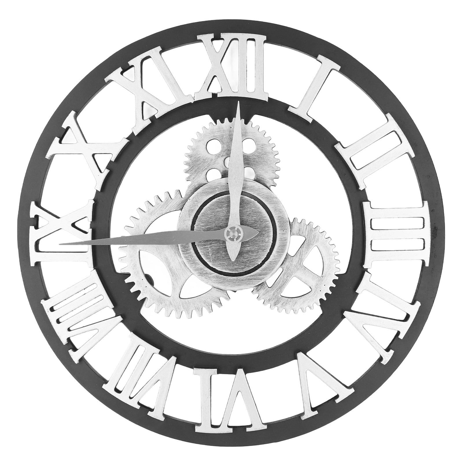 Vowen 13.39 inches Large 3D Retro Wall Clock Vintage Wooden Gear Roman Numerals Industrial Style for Home Living Room Decoration Silver