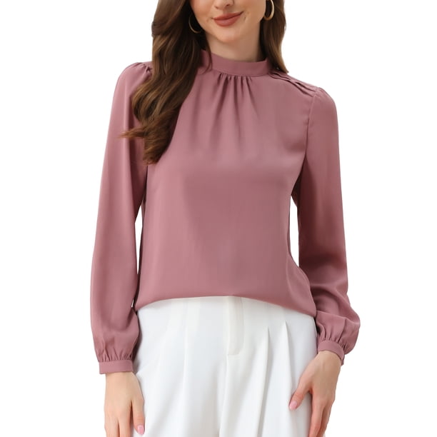 CAMISA DE CHIFFON INSPIRADA CHIC PARA MUJERES, BLUSA DE MANGA LARGA CON CUELLO ALTO PARA OFICINA, L GRIS ROSA