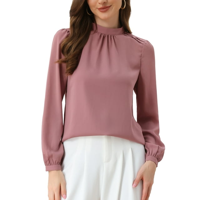 CAMISA DE CHIFFON INSPIRADA CHIC PARA MUJERES, BLUSA DE MANGA LARGA CON CUELLO ALTO PARA OFICINA, L GRIS ROSA