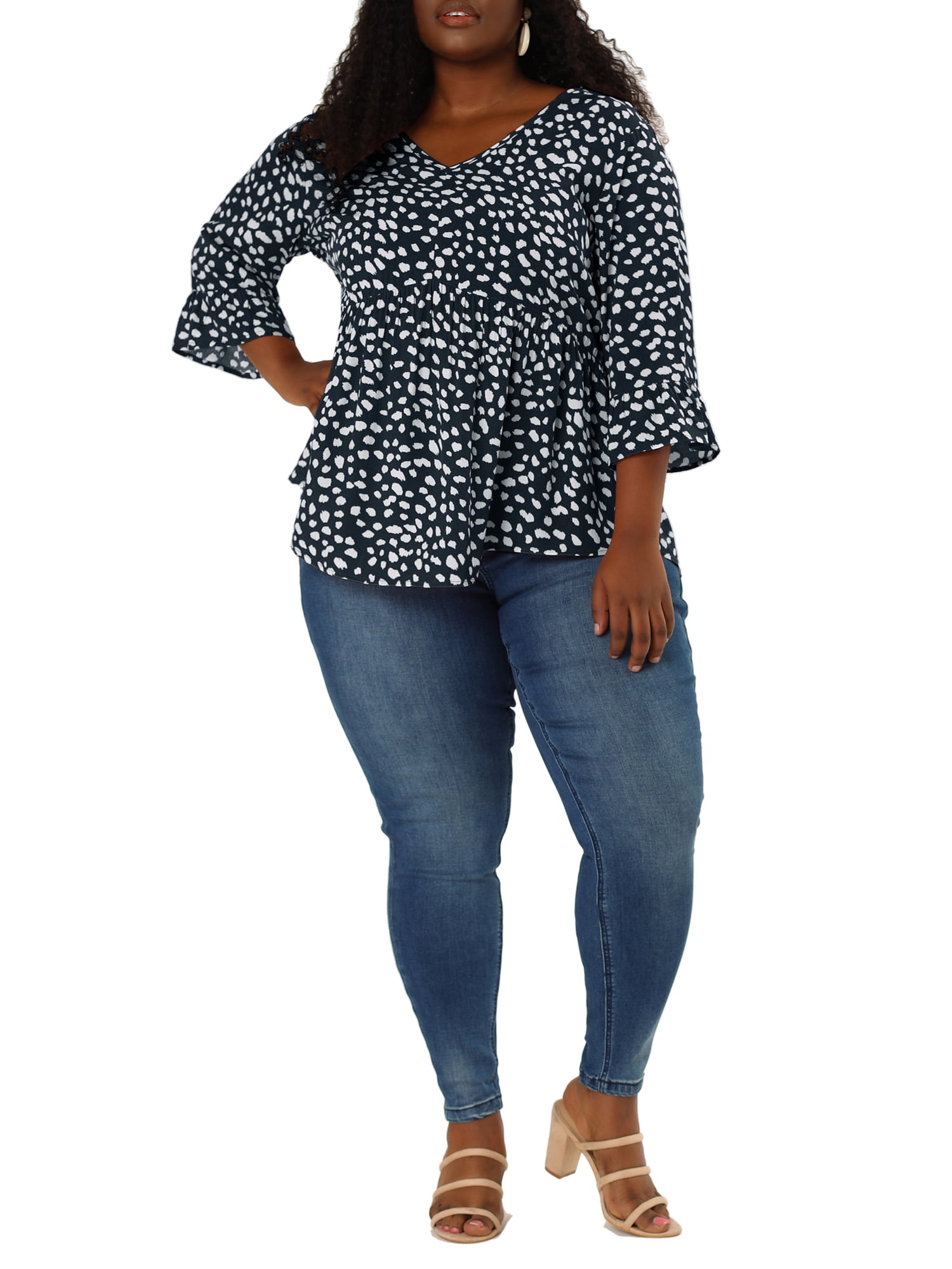 Unique Bargains Juniors' Plus Size Ruffle Sleeve Blouse V Neck 3/4 Polka Dots Peplum Top 4X Navy Blue