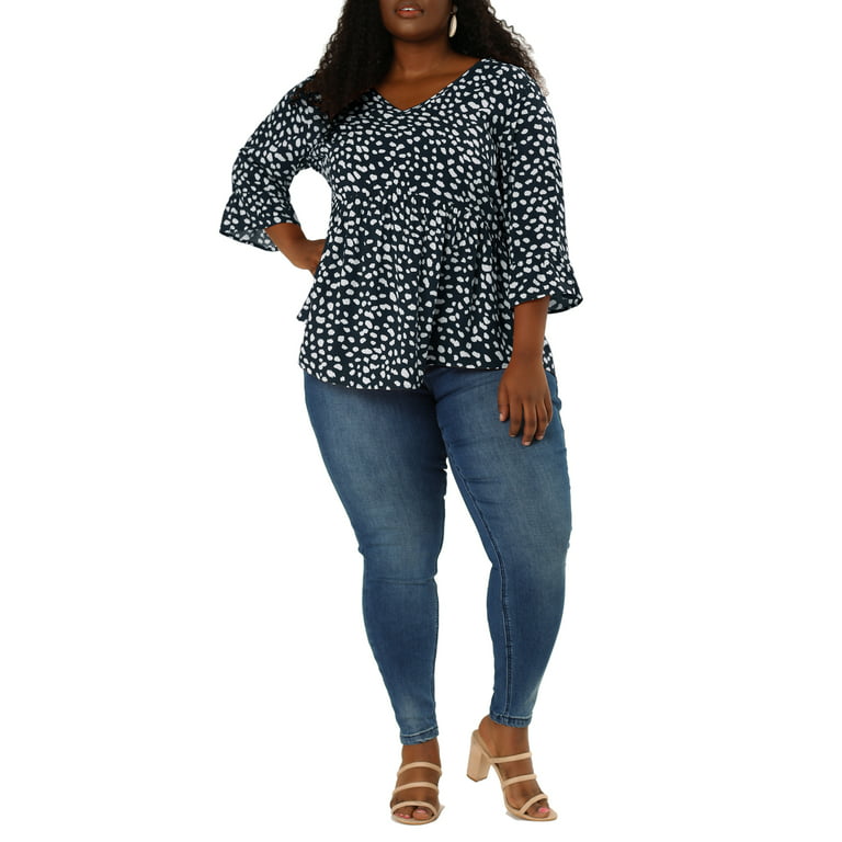 Unique Bargains Women's Plus Size Short Sleeves Polka Dots Peplum Top 