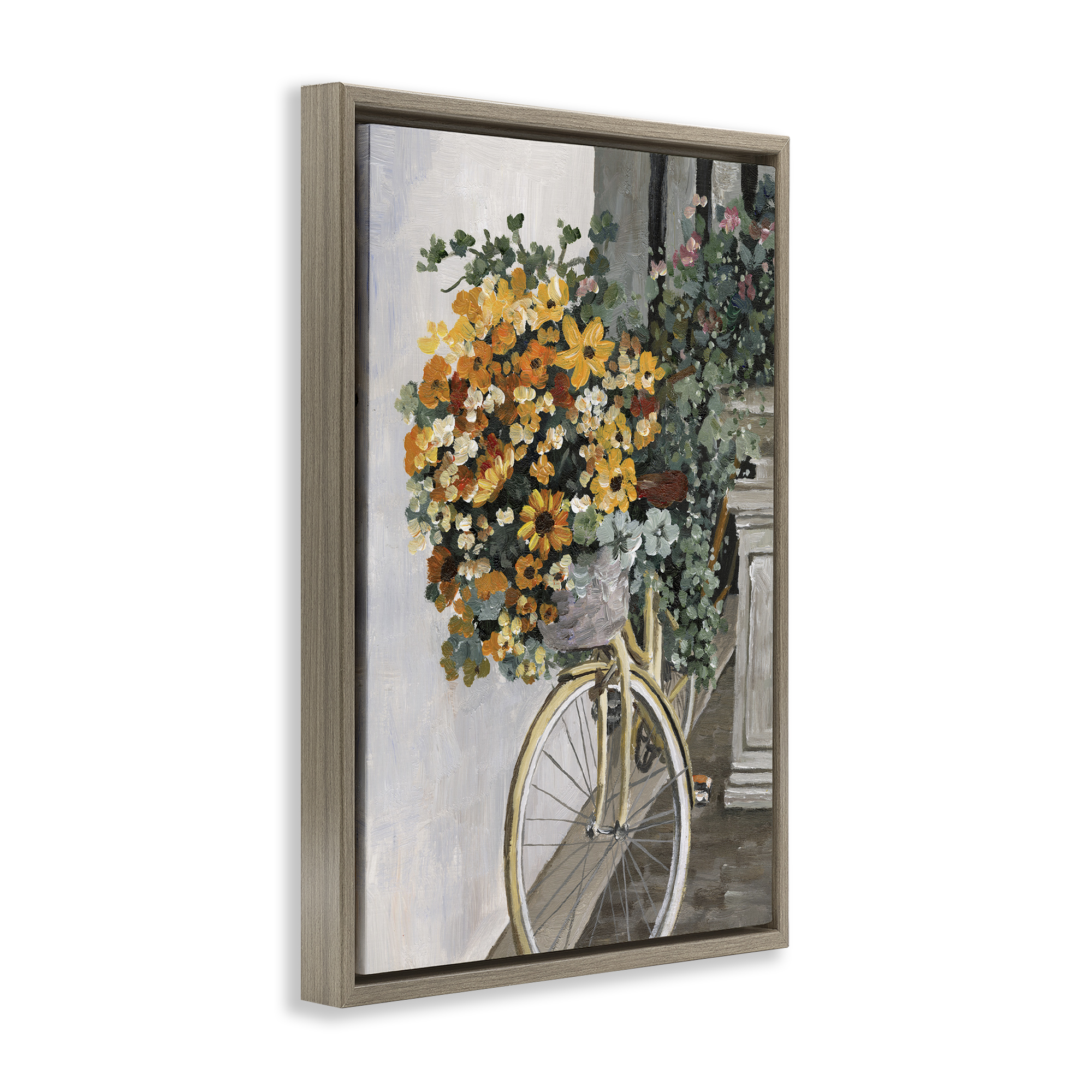 Stupell Industries Bouquet on Bicycle Botanical & Floral Painting Brown Floater Framed Art Print Wall Art, 21 x 31