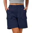 thumbnail image 2 of Rggeeun Women Shorts Solid Color Elastic High Waist Buttons Cargo Knee-Length Loose Fit Soft Breathable With Pockets For Summer Play Sports Kawaii Hot Pants,Navy,S, 2 of 4