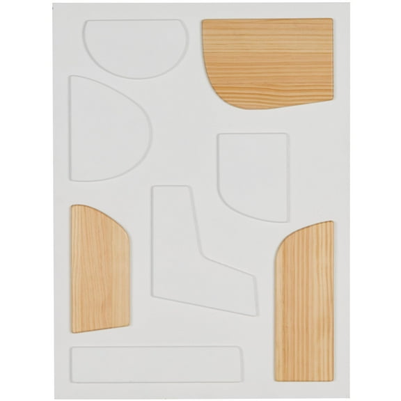 DecMode White Wood Dimensional Art Deco Shapes Geometric Wall Decor with Brown Accents