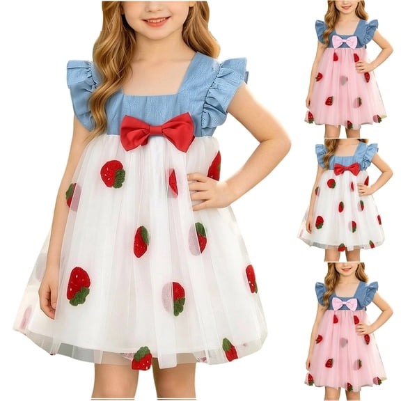 FRSASU Girl's Vintage Cute Strawberry Embroidered Summer Dress Ruffle Cap Sleeve Bow A-Line Layered Mesh Birthday Party Dresses White-A
