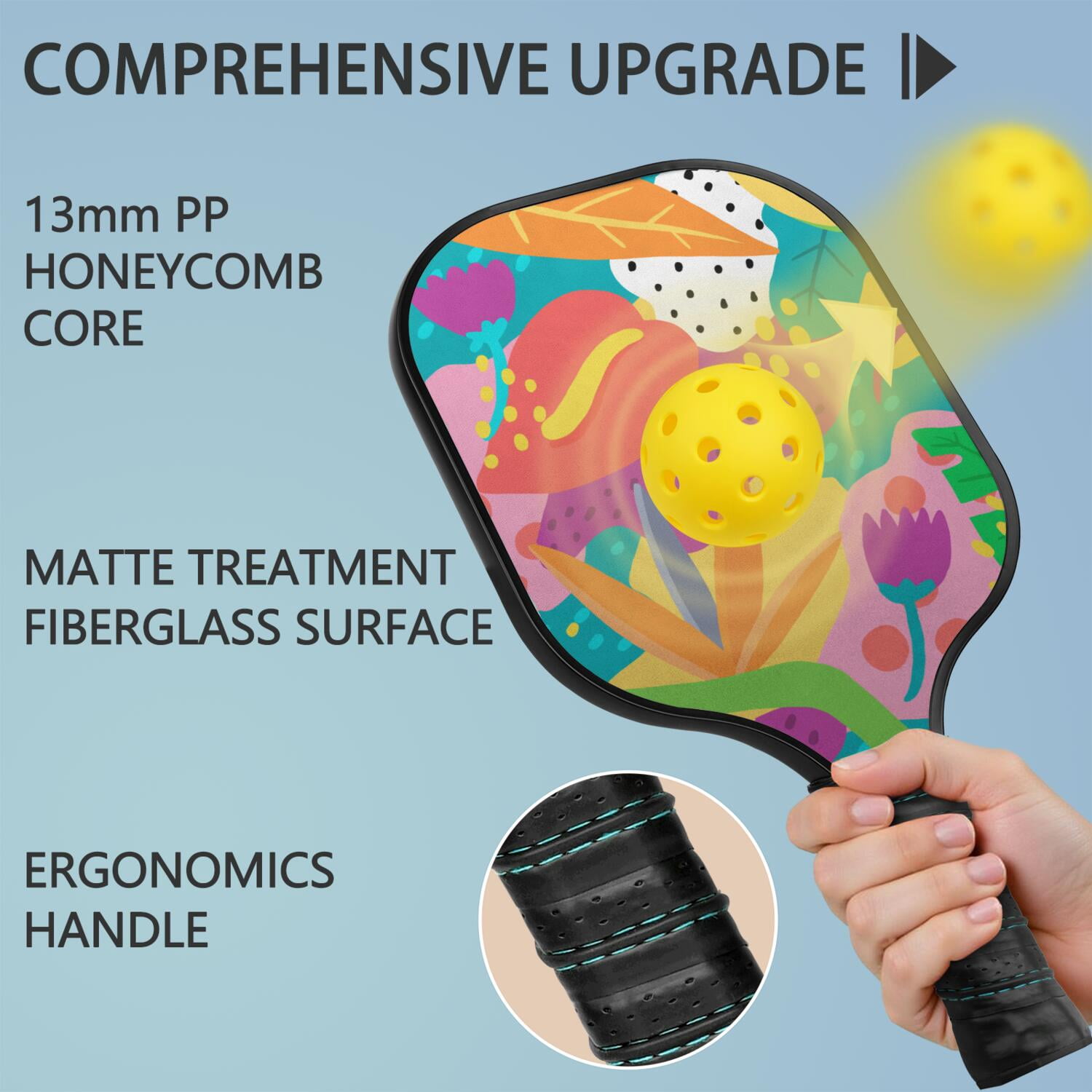 Pickleball Paddles Set Of 1, Fiberglass Surface, Tropical Leaf Print, 1 Paddle, 2 Balls & Bag