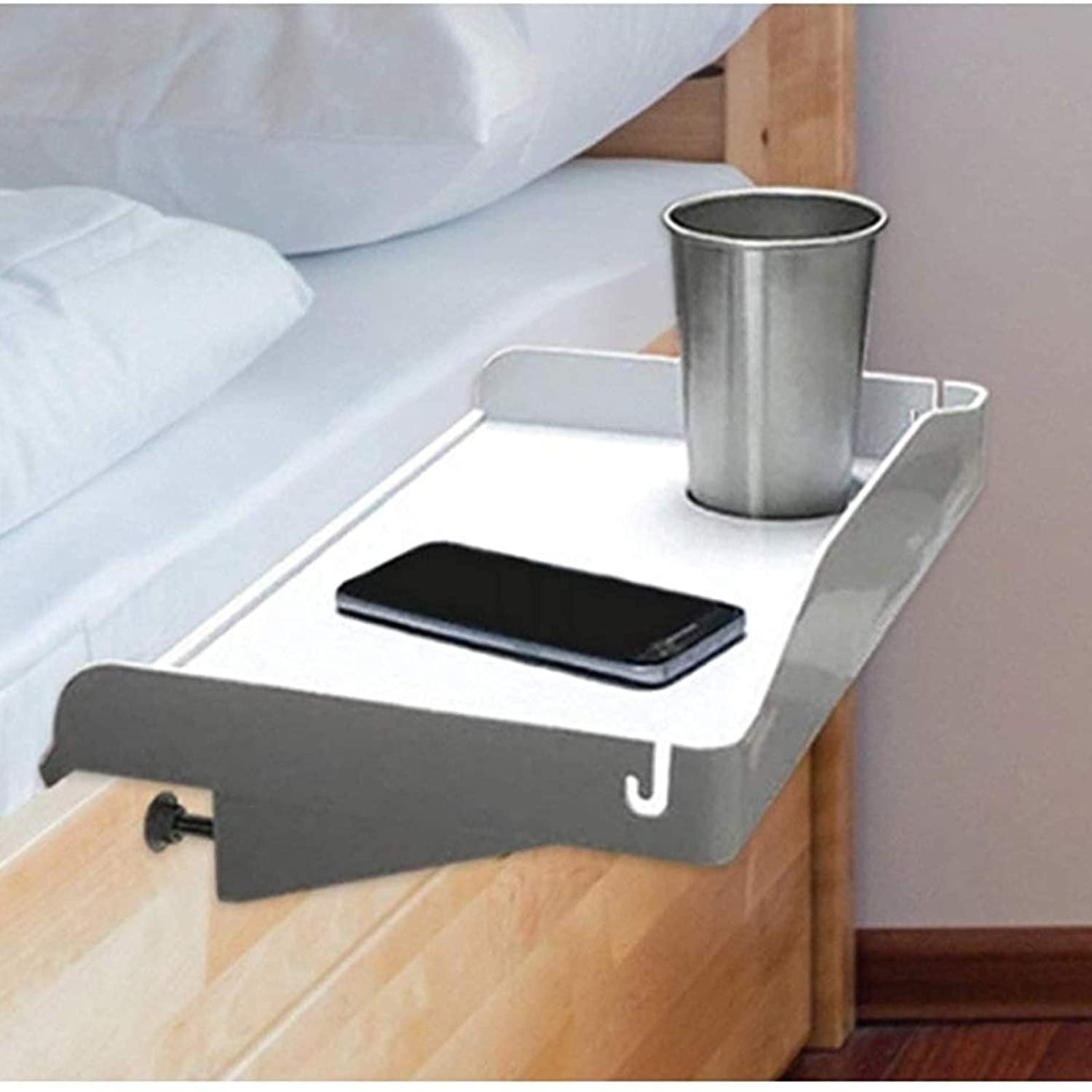 Bedside Shelf for Bed College Dorm Room Clip On Nightstand with Cup Holder Cord Holder Nightstand for Students Bunk Bed Shelf for Top Bunk