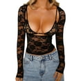thumbnail image 2 of Sexy Club Party Low Cut T Shirt Vintage Floral Lace Sheer Crop Tops 2 Piece Set Matching Bralette Women Long Sleeve Tee, 2 of 10