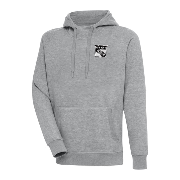 Men's Antigua Heather Gray New York Rangers Metallic Logo Victory Pullover Hoodie