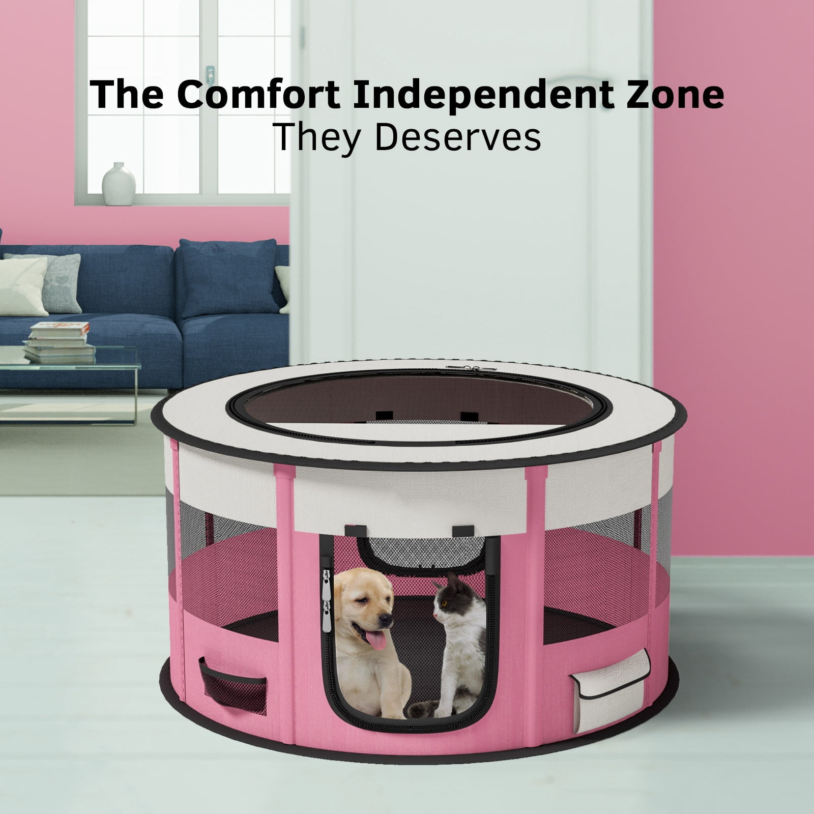 LAKWAR Large Pet Playpen for Dogs & Cats, 36"/90CM Diameter 23"/60cm Height Pet Playpens Foldable Portable Indoor Outdoor House Exercise Pen with Carrying Case for Cat Puppy Rabbit,Pink