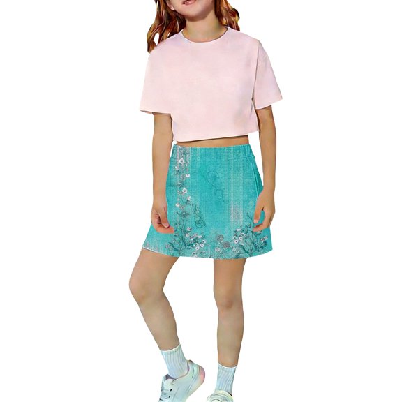 GiLiling Girls Casual Skort Floral Print Mini Skirt Elastic Waist with Built-in Shorts Lightweight Active Skirt for Daily and Play (Light Blue, 5-6 Years)