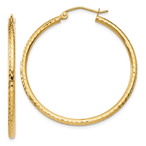 14k Yellow Gold Sparkle-Cut 2mm Round Tube Hoop Earrings - 1.9 Grams - Measures 30x30mm