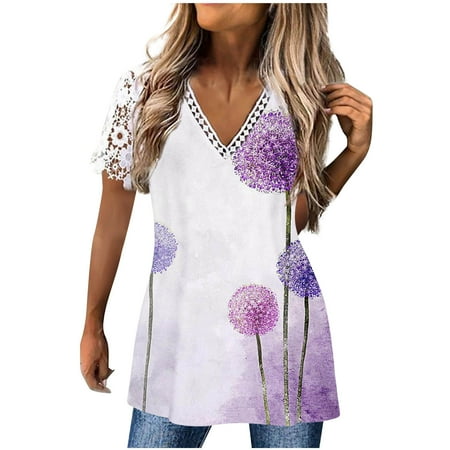 

kakina CMSX Womens Tops for Leggings Fashion Causal V-Neck Printing Blouse Lace Short Sleeve T-Shirt Summer Tops Lace Pleated Blouses Tunic Tops Purple S