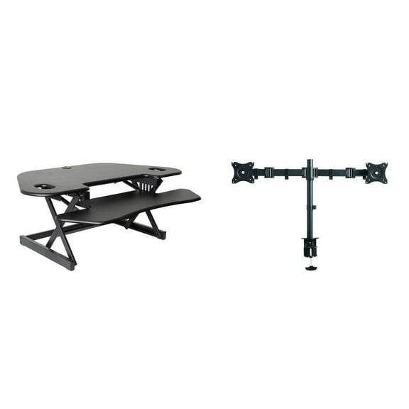 Rocelco 46" Height Adjustable Corner Standing Desk Converter with Dual Monitor Arm BUNDLE | Quick Sit Stand Up Computer Workstation Riser | Extra Large Keyboard Tray | Black (R CADRB-46-DM2)