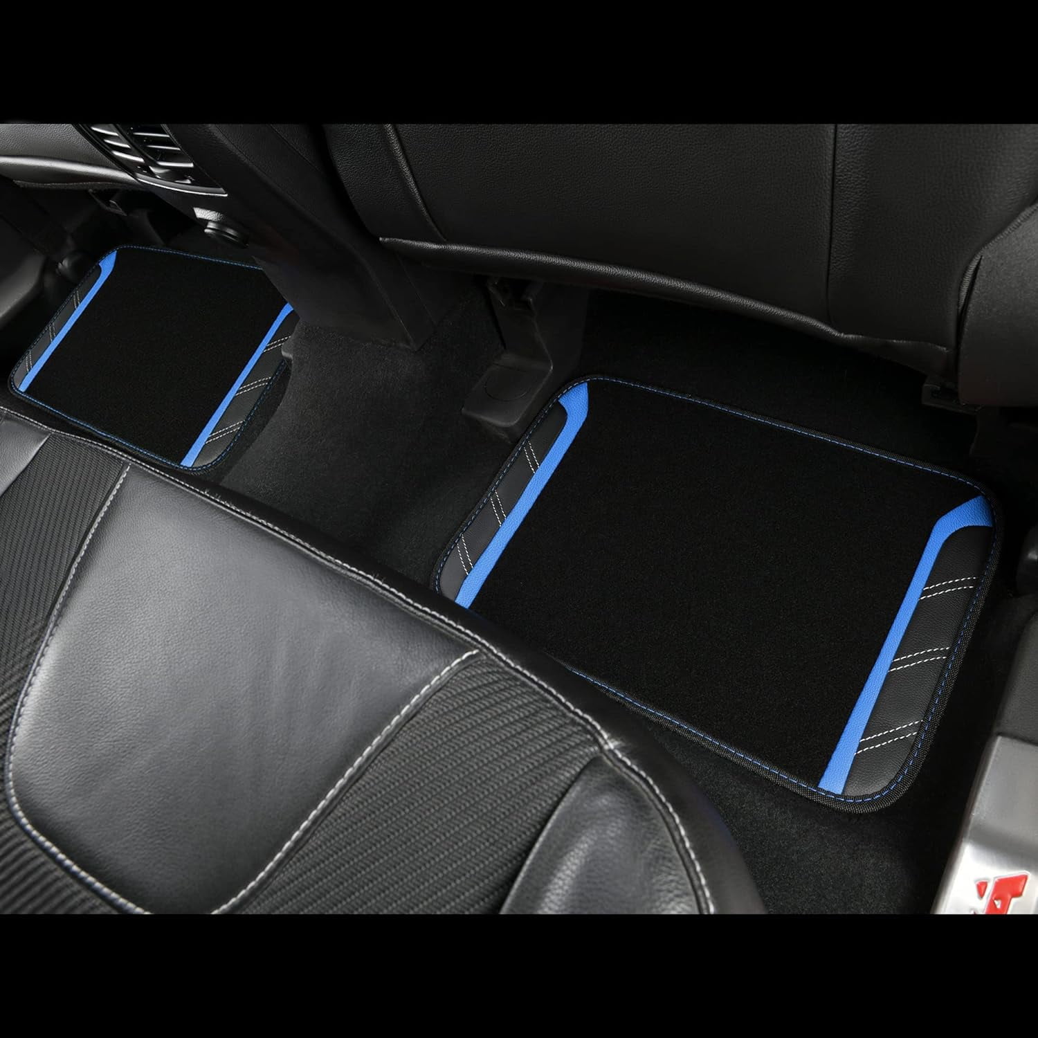 CAR GRAND Leather Steering Wheel Cover and Waterproof Car Floor Mats,Microfiber Universal Car Combo Fit for 95% Sedan,SUV,Cars,14.5-15inch Sporty Anti-Slip Safety Comfortable Design(Black＆Blue)