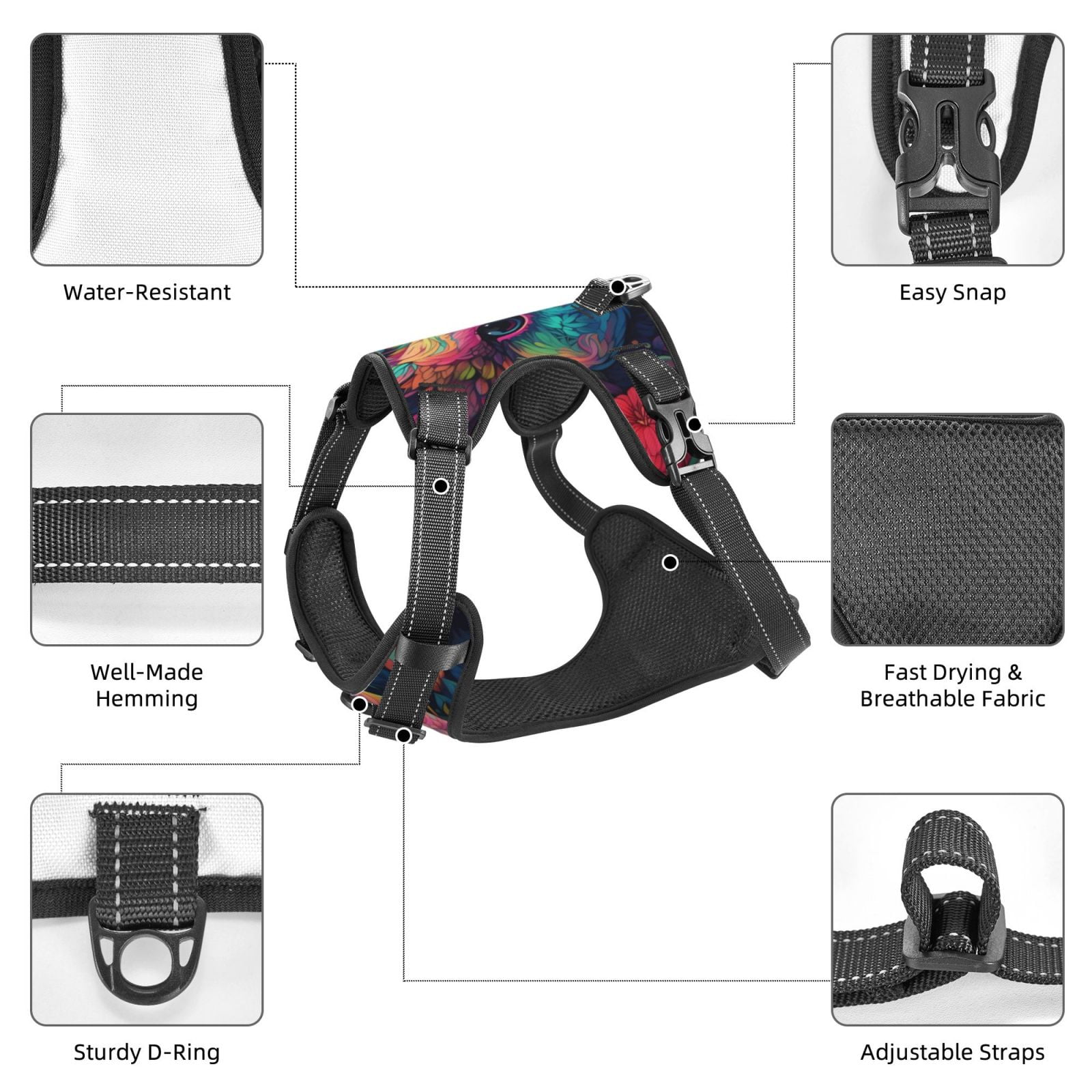 Vsdgher Colorful Patterned Rabbit Pattern Dog Harness,No Pull Pet Harness with Soft Padded Handle,Adjustable Reflective Vest with 2 Buckles,4 Slide Buckles,S-XL