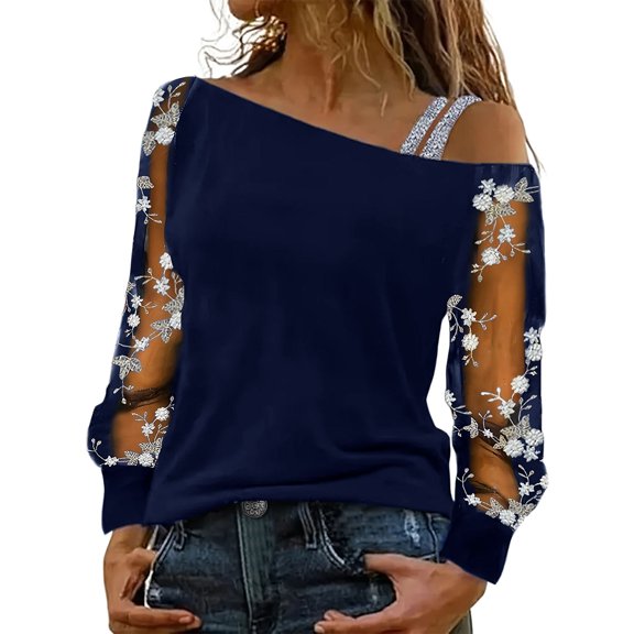 Long Sleeve Shirts For Women Slant Neck Mesh Off The Shoulder T Shirt Fashion Line Neck Base Top Womens Long Sleeve Tops