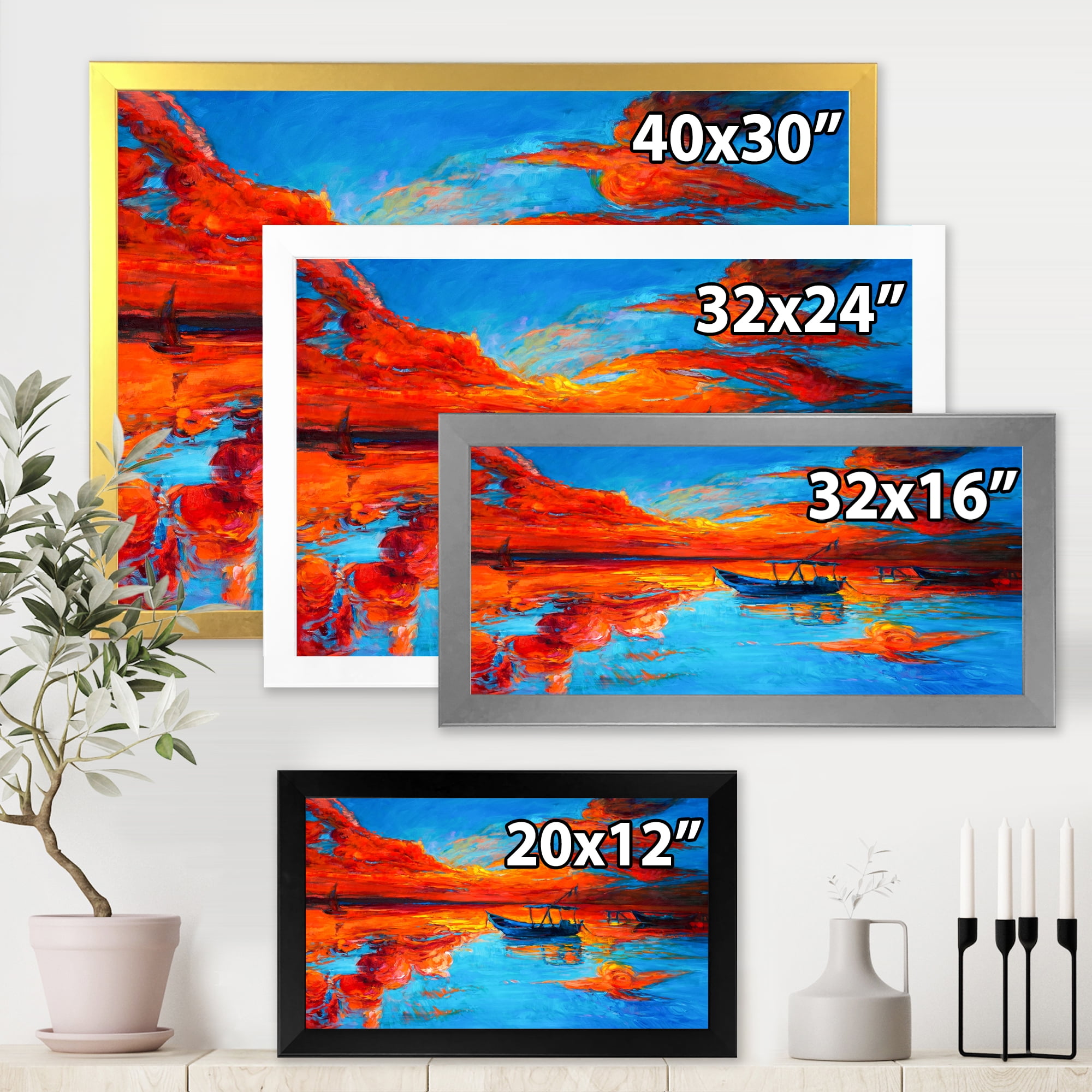 Boats During Warm Sunset Resting On The Water VI 40 in x 30 in Framed Painting Canvas Art Print, by Designart