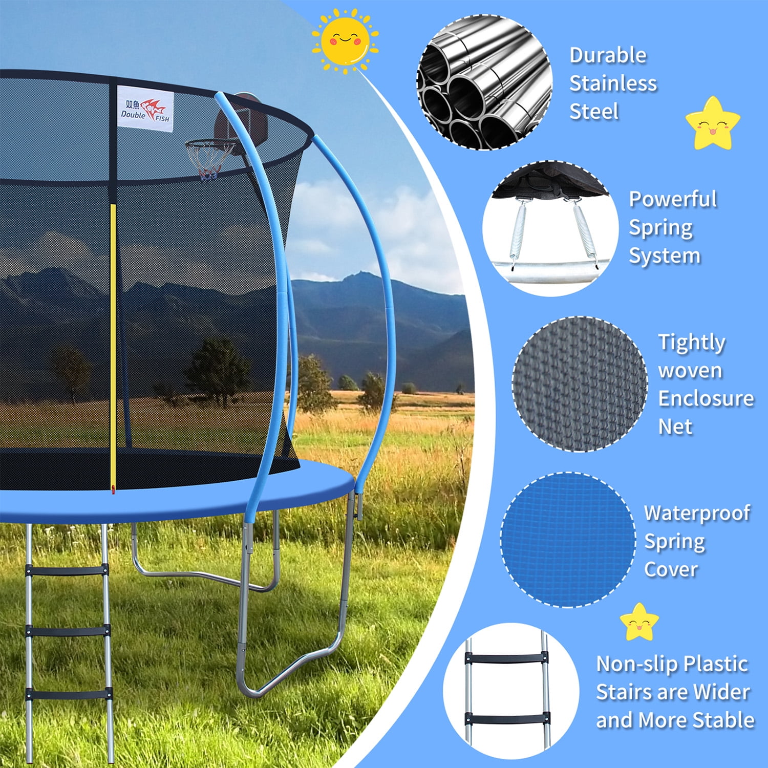 Double Fish 10ft Trampoline with Enclosure Safety Net Jumping Fun Trampoline Heavy-duty Jump Pads with Basketball Hoop, Spring-loaded for Kids and Adults