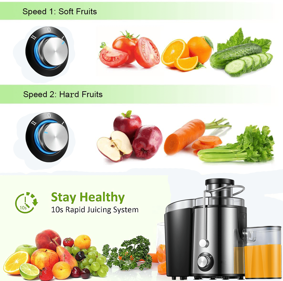 Juilist Centrifugal Juicer Machine with 3'' Wide Mouth, 2 Speeds, 400 Watts, Anti-Drip