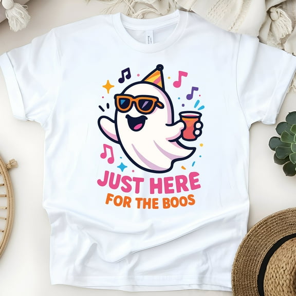 Just Here For The Boos Graphic Tee Funny Ghost Party Shirt, White, Size S