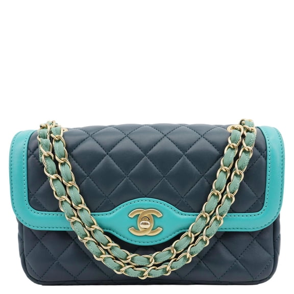 Pre-Owned Chanel Bi-Color Flap Quilted Lambskin Leather Crossbody Bag Turquoise