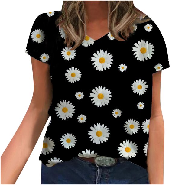 Blusa de camiseta informal con estampado de manga corta y cuello en V de verano para mujer a la moda Fridja bn5864